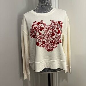 NWT Cream Pullover Red Velvet Aplique Heart, Cherry, Ladybug, Leaf, Floral. M